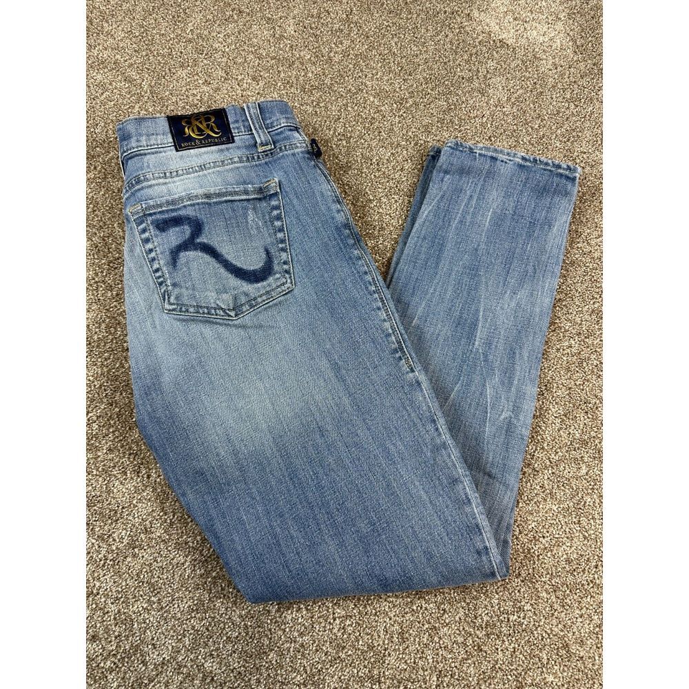 Rock & Republic Jeans Size 8 Women's Emo Distressed Medium Wash Blue Denim - Y2K